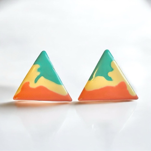 Jewelry - Vintage 80s Enamel Triangle Earrings Color Block Geometric Studs Bold Earrings